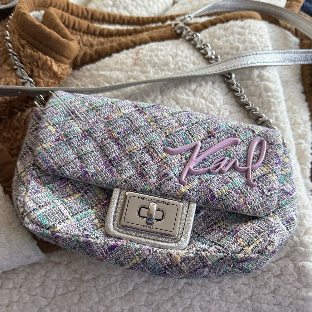 Karl Lagerfeld Quilted Tweed Crossbody Bag in Lavender, Mint & Silver